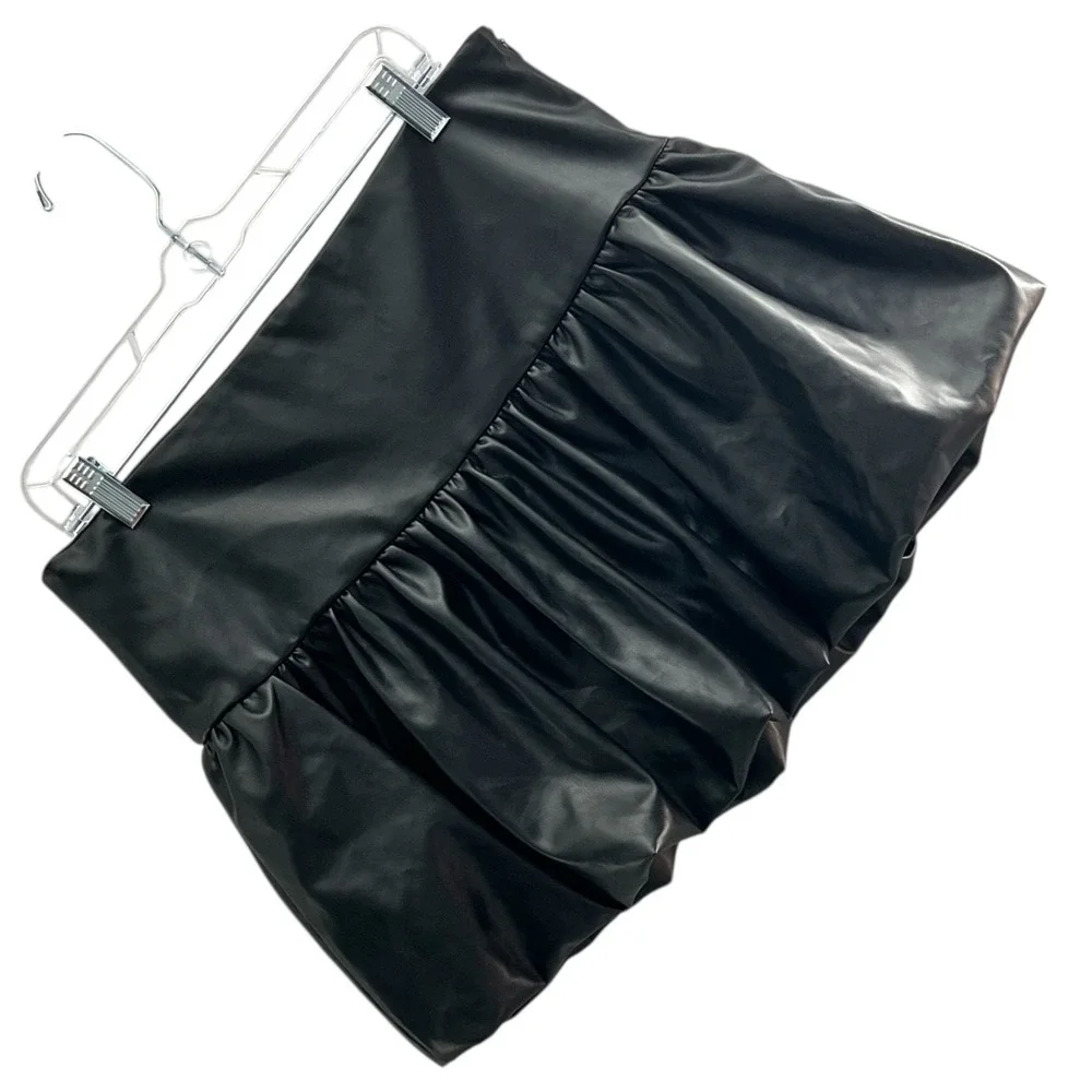 LELIS Faux Leather Bubble Mini Skirt‎ Black High Waist Clubwear Y2K Size L